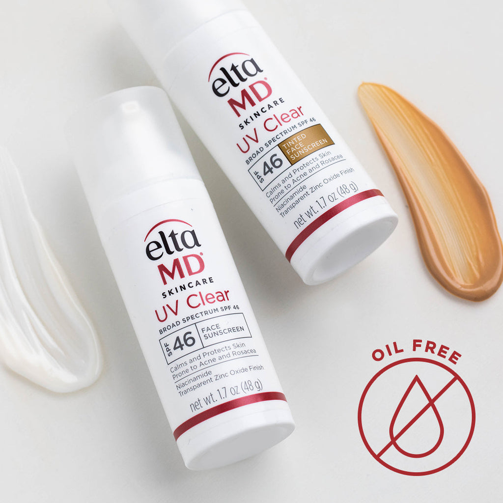 EltaMD UV Clear Tinted Broad-Spectrum SPF 46 in a sleek white pump bottle. A dermatologist-recommended sunscreen with zinc oxide and niacinamide for sensitive and acne-prone skin.