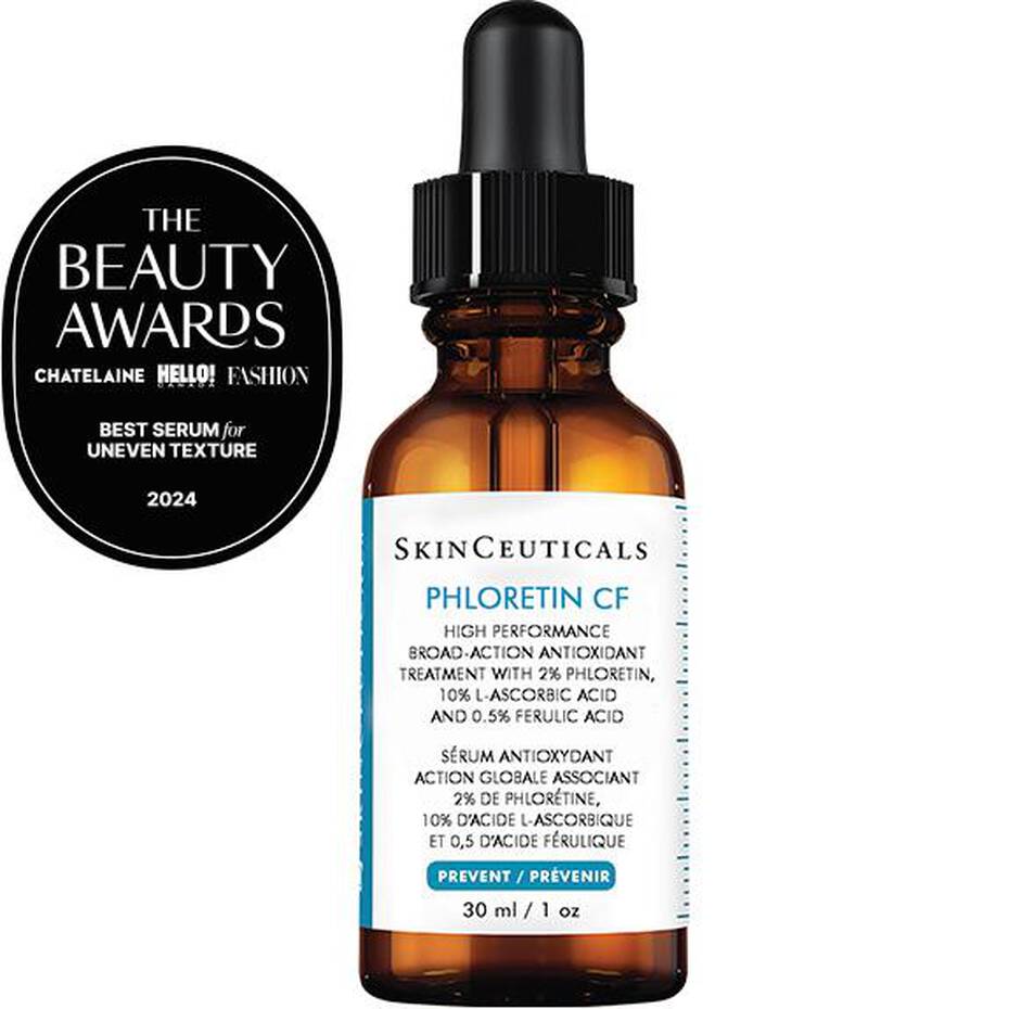 SkinCeuticals Phloretin CF in an amber glass dropper bottle, a powerful vitamin C antioxidant serum designed to brighten skin, reduce dark spots, and protect against free radicals.