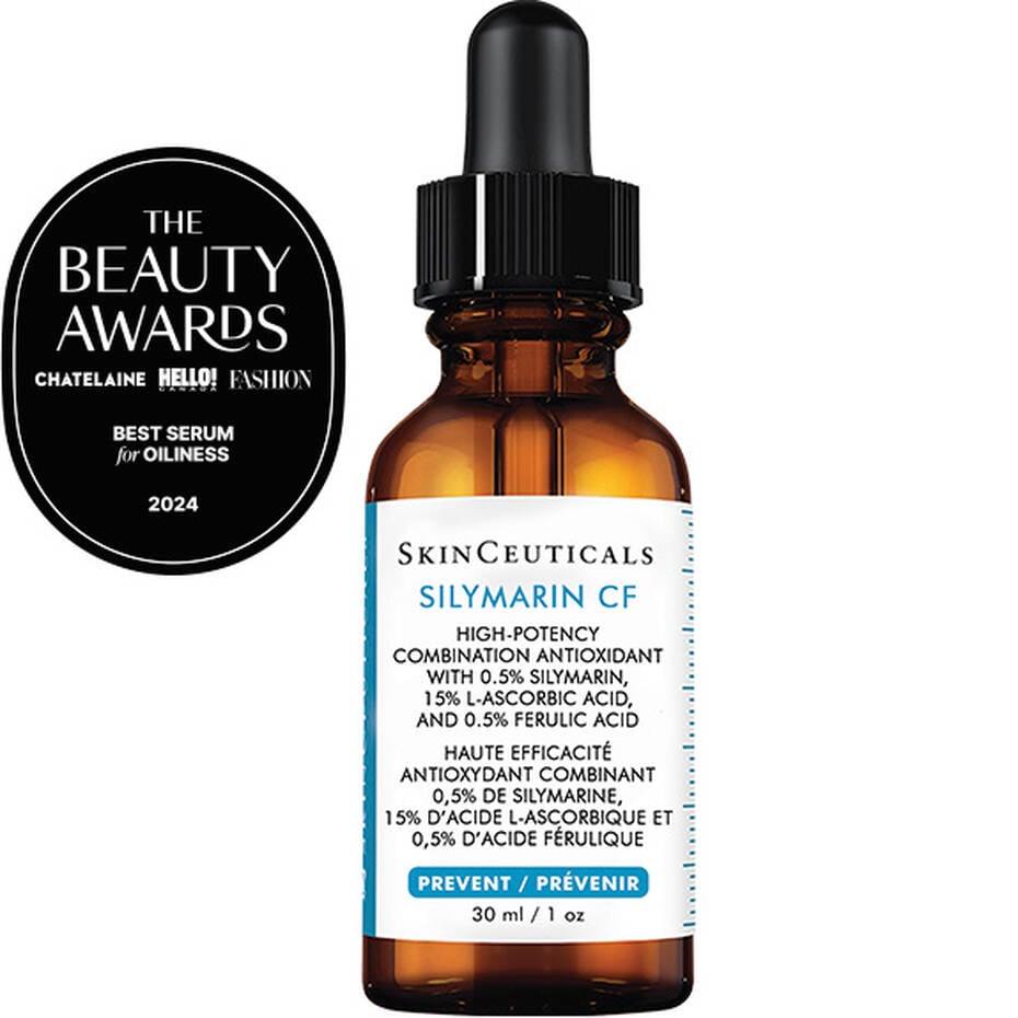 SkinCeuticals Silymarin CF – an oil-free vitamin C serum with silymarin, ferulic acid, and salicylic acid to reduce oiliness, prevent breakouts, and brighten skin.