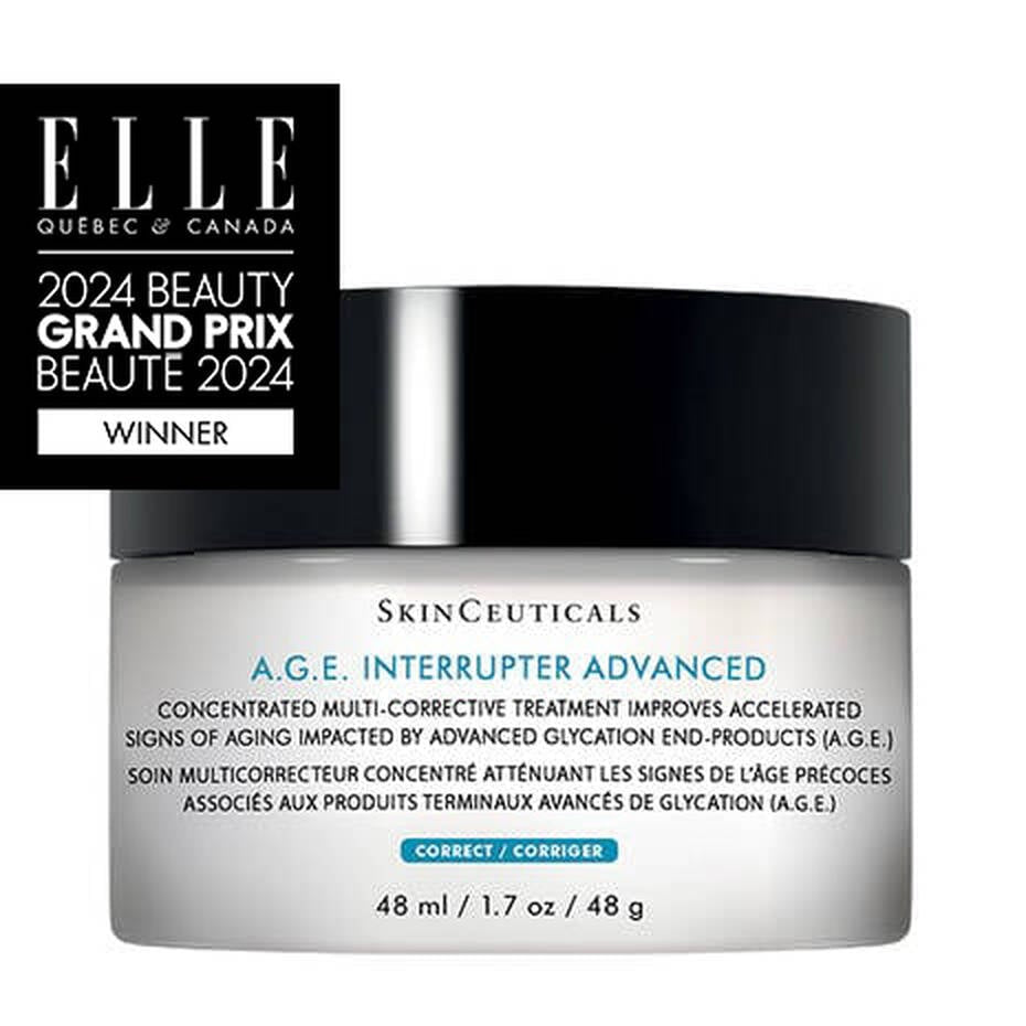 SkinCeuticals A.G.E. Interrupter Advanced in a sleek black jar with silver lid, an anti-aging moisturizer clinically proven to reduce wrinkles and restore firmness.