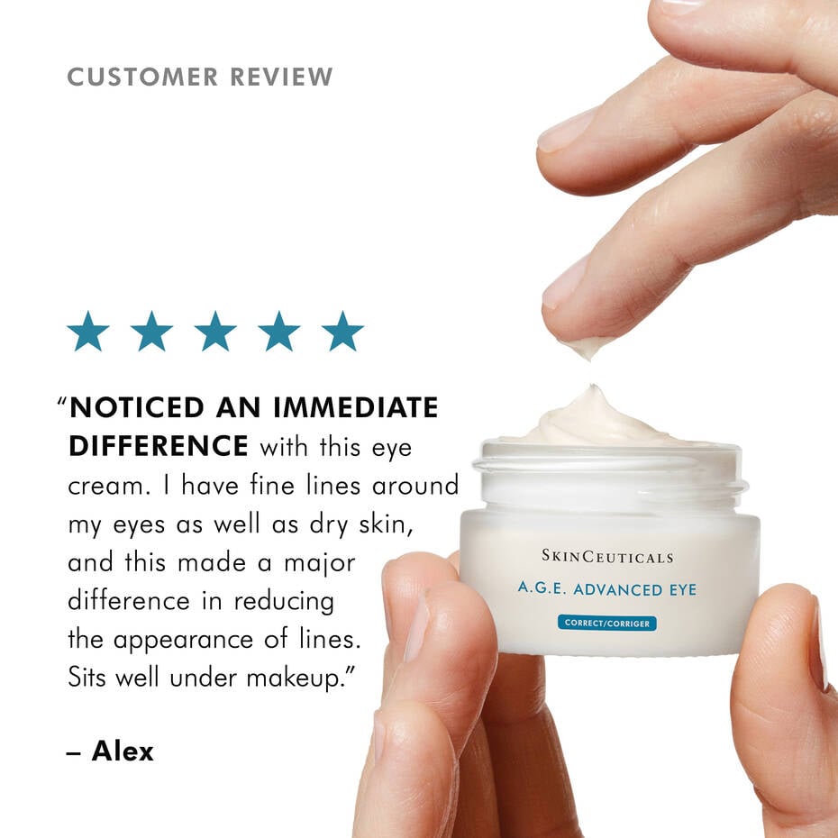 SkinCeuticals A.G.E. Advanced Eye in a sleek black jar with silver lid, an anti-aging eye cream clinically formulated to reduce wrinkles, puffiness, and dark circles.