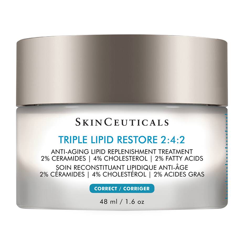 SkinCeuticals Triple Lipid Restore 2:4:2 anti-aging moisturizer in a frosted glass jar with silver lid. Clinically proven to restore hydration and improve skin barrier function