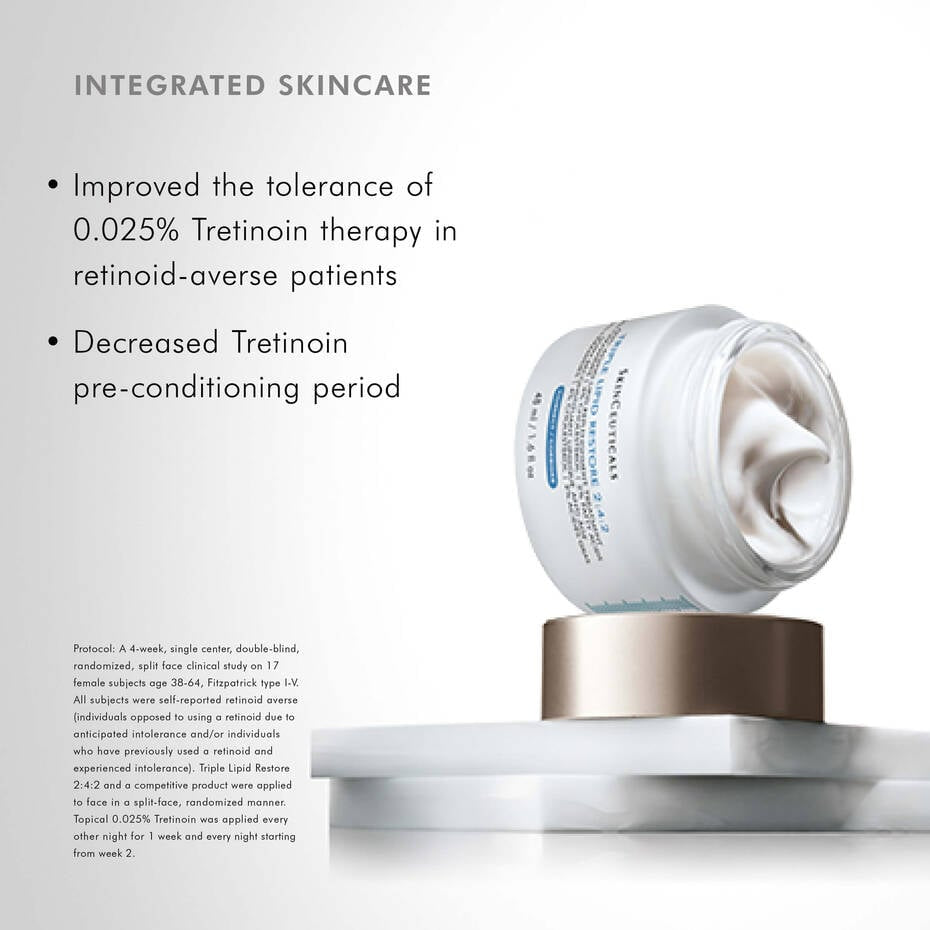 Elegant frosted jar of SkinCeuticals Triple Lipid Restore 2:4:2 displayed on a bathroom counter, perfect for daily anti-aging skincare routine.