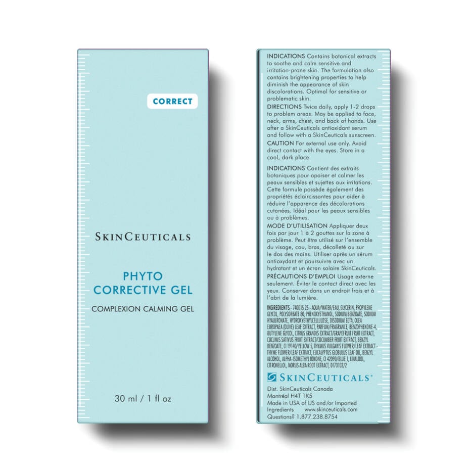 SkinCeuticals Phyto Corrective Gel in a green-tinted glass dropper bottle, a soothing serum formulated to calm redness, hydrate, and brighten sensitive skin.