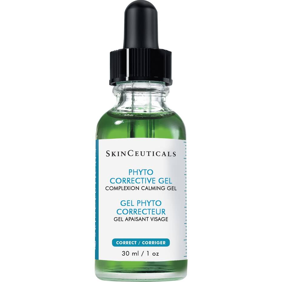 SkinCeuticals Phyto Corrective Gel in a green-tinted glass dropper bottle, a soothing serum formulated to calm redness, hydrate, and brighten sensitive skin.