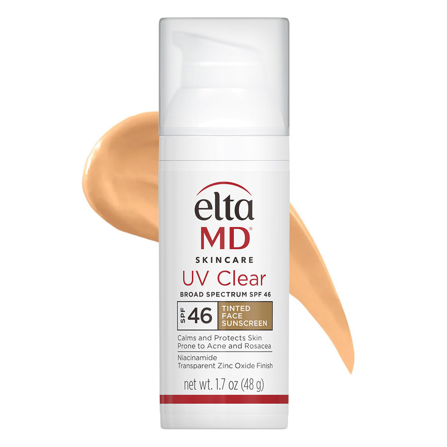 EltaMD UV Clear Tinted Broad-Spectrum SPF 46 in a sleek white pump bottle. A dermatologist-recommended sunscreen with zinc oxide and niacinamide for sensitive and acne-prone skin