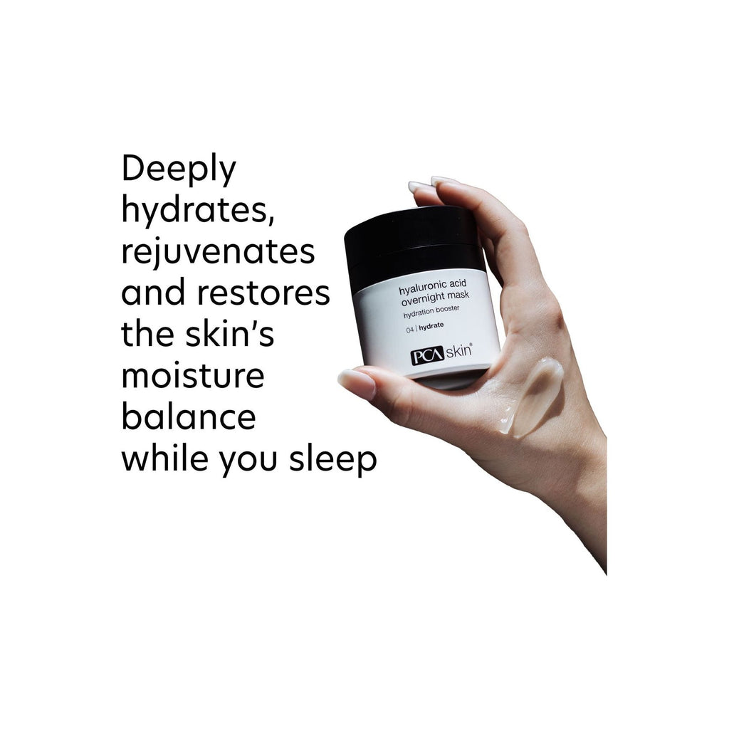 PCA Skin Hyaluronic Acid Overnight Mask in a sleek white jar with silver lid. A deeply hydrating night treatment infused with multi-weight hyaluronic acid and niacinamide.